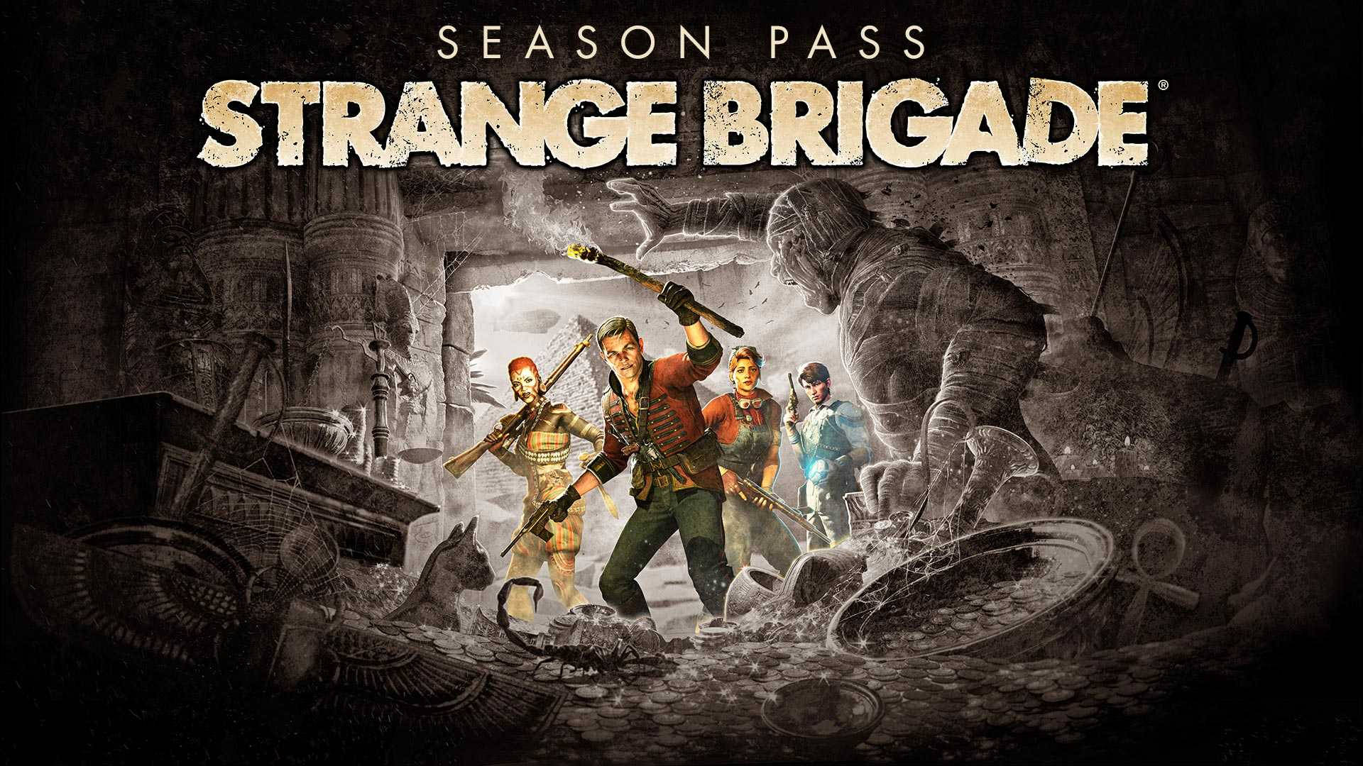 《Strange Brigade》季票 壁紙 — 四位冒險家在一個充滿埃及文物和象形文字的黑暗古墓中與巨型木乃伊戰鬥。