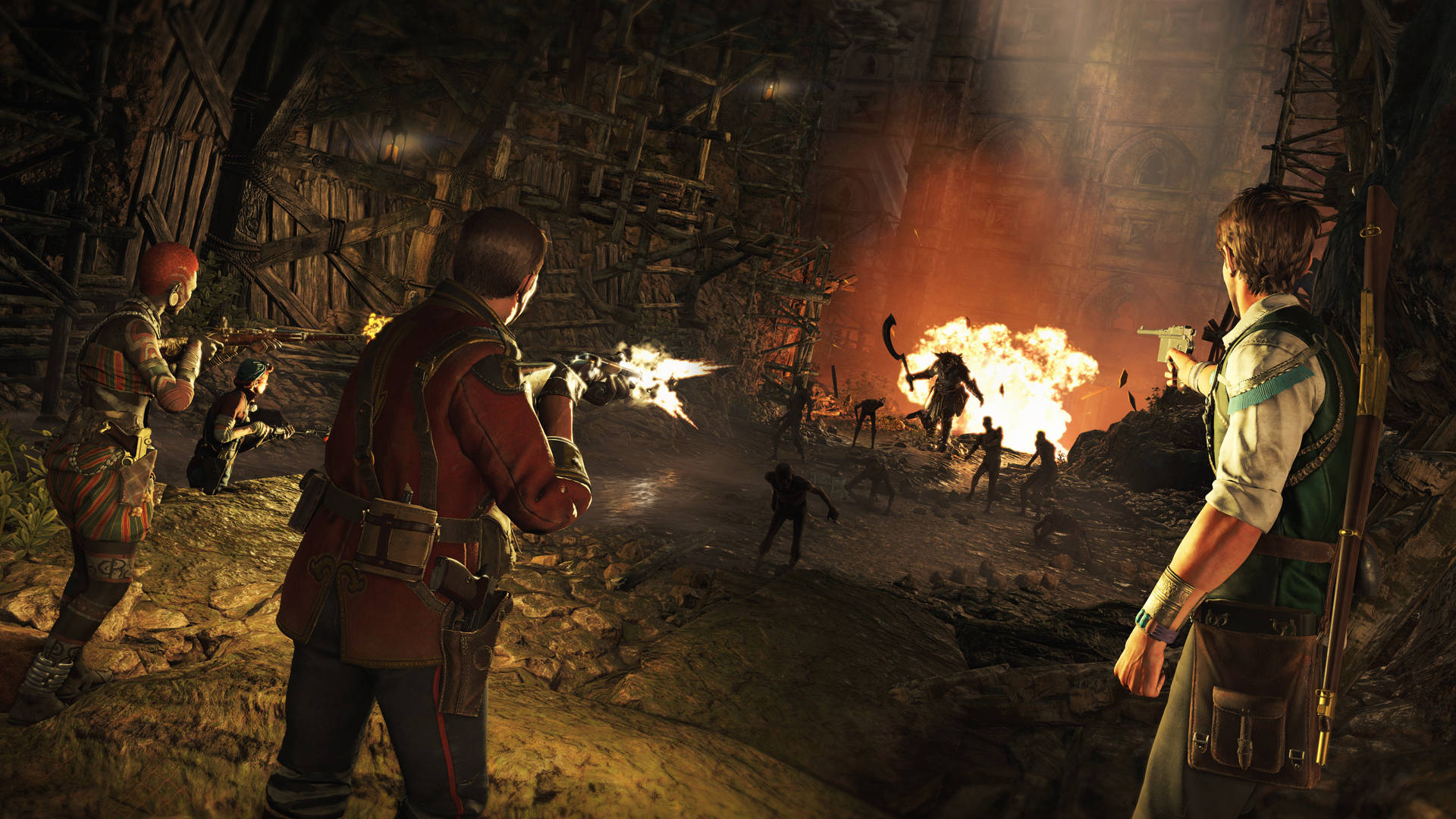 Strange Brigade PC 遊戲 壁紙 — 玩家在陰暗的地牢中，在熾熱的爆炸和木頭碎片中與怪物般的敵人戰鬥。