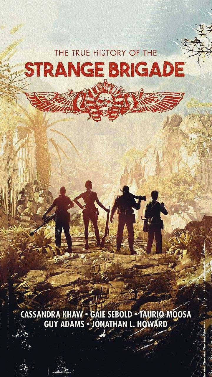 Strange Brigade 歷史 壁紙 — 四位武裝冒險家以剪影形式站在陽光普照的叢林中的岩石小徑上，面對著古代遺跡。