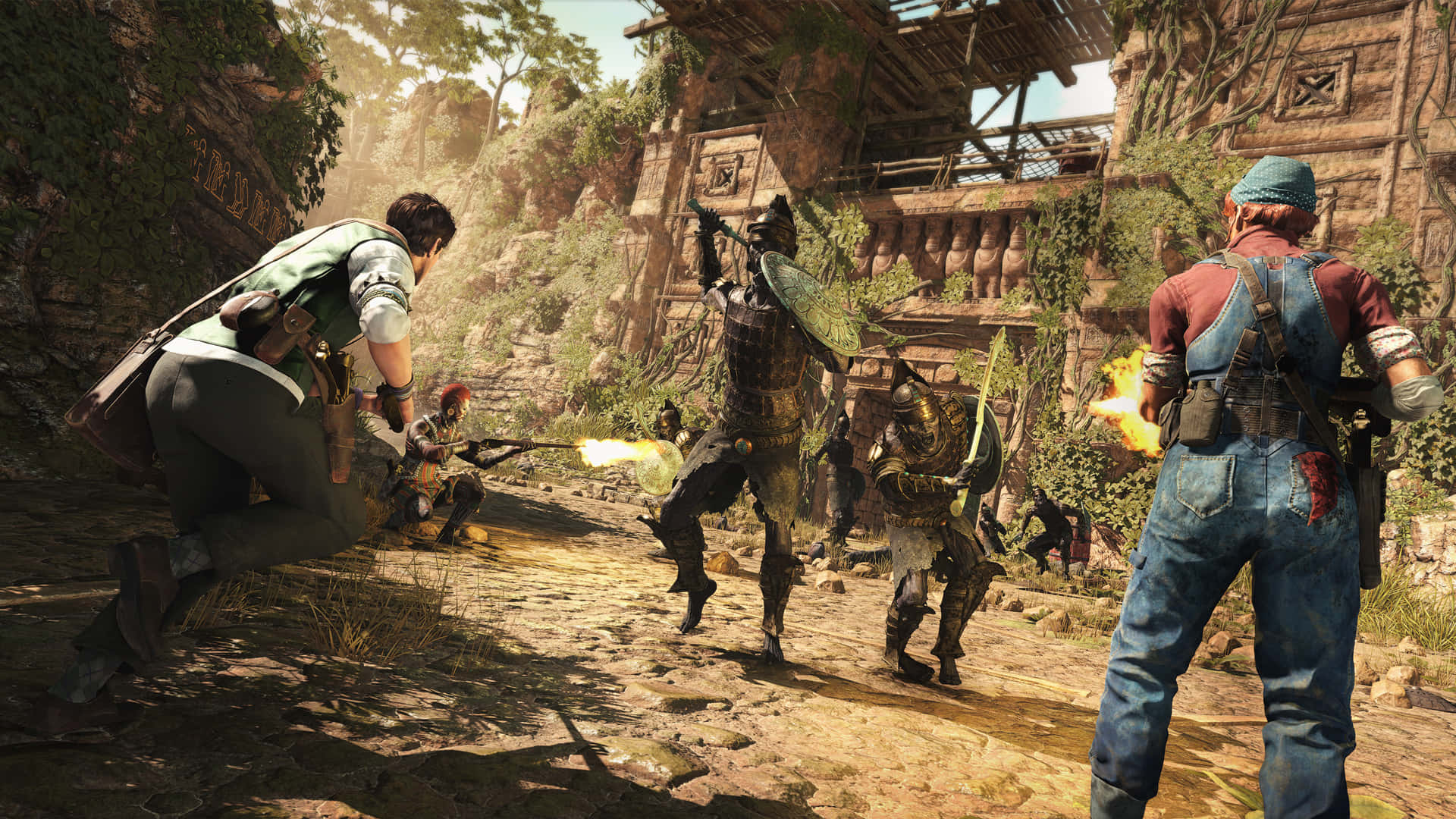 《Strange Brigade》迷人場景 壁紙 — 《魔物獵人》的玩家在一個陽光明媚、雜草叢生的村莊中，與巨型魔物戰鬥，村莊內有木製建築和石頭小徑。