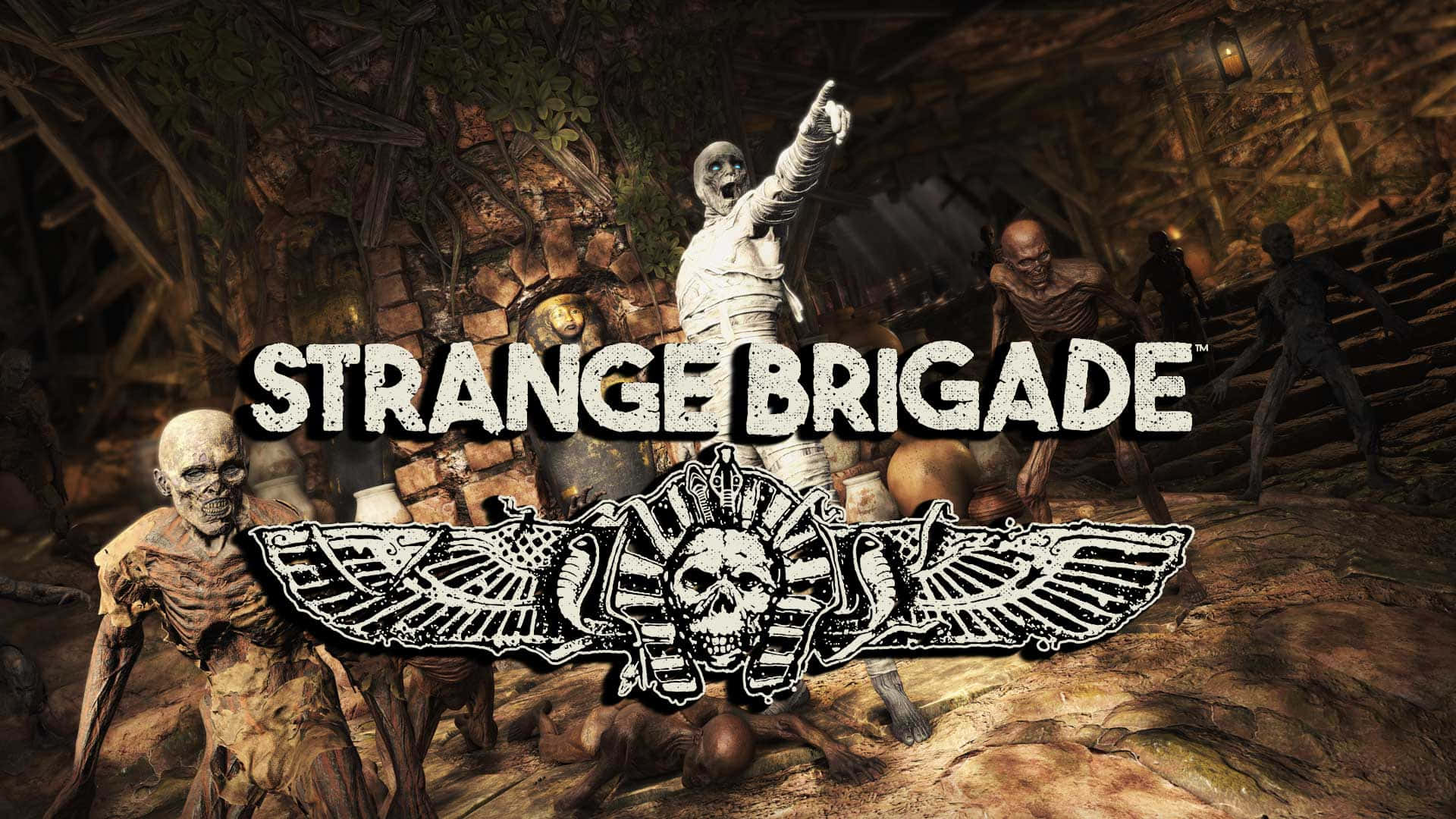 《Strange Brigade》壯闊冒險背景 壁紙 — 一個恐怖遊戲標題畫面，描繪了在搖搖欲墜的廢墟中出現的不死木乃伊和殭屍，並帶有骷髏標誌。