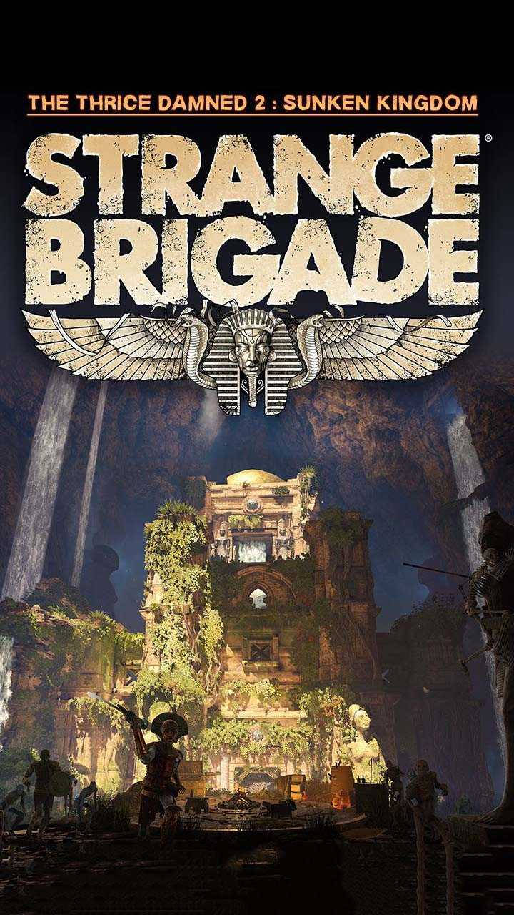Strange Brigade 深海王國 壁紙 — 一隊冒險者在戲劇性的燈光下探索一個被藤蔓覆蓋的神秘古代遺跡。