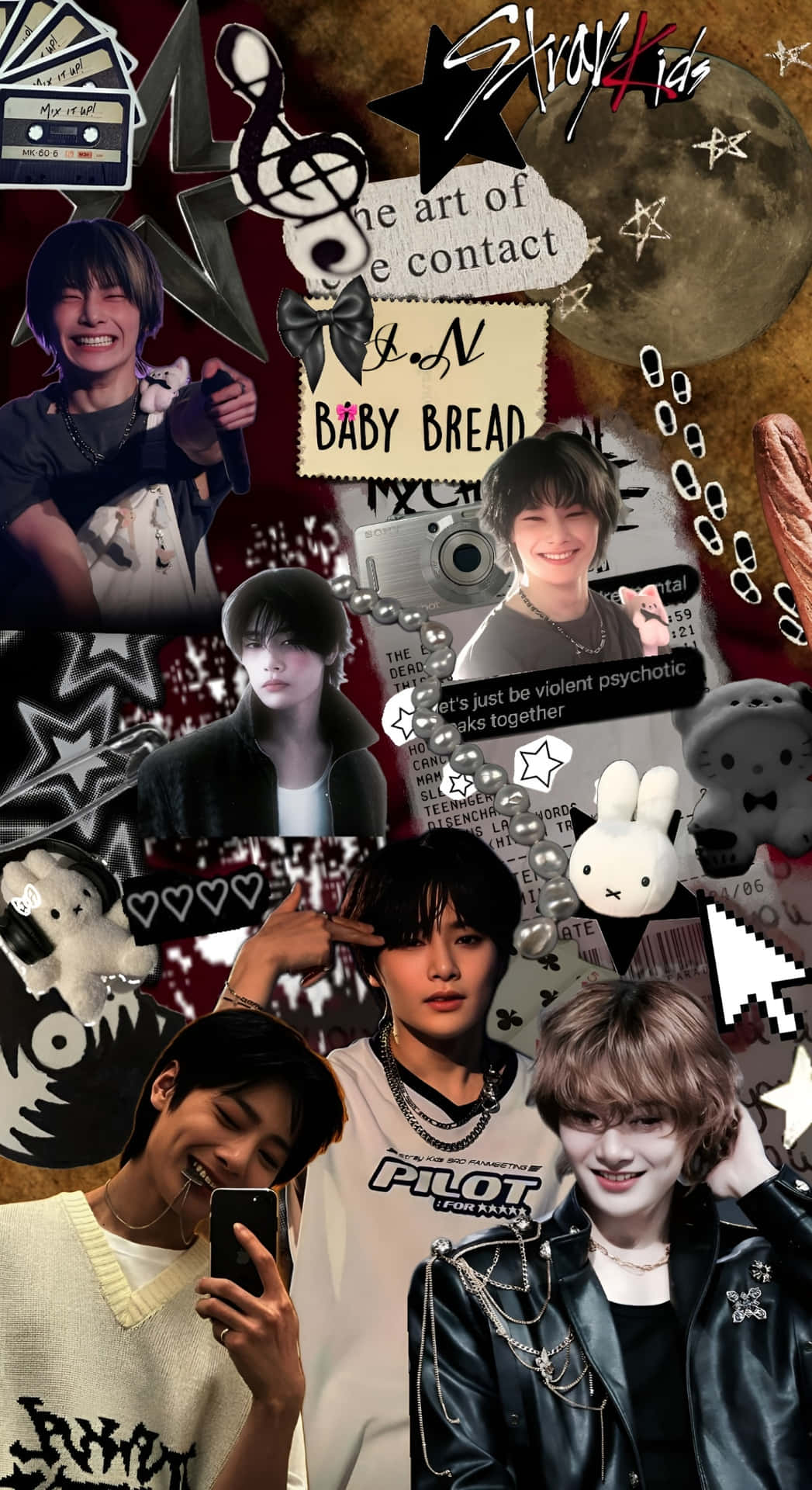  壁紙 — 一幅充滿活力的Stray Kids成員拼貼畫，包含音符、星星和粉絲群體文字元素，背景為深色紋理。