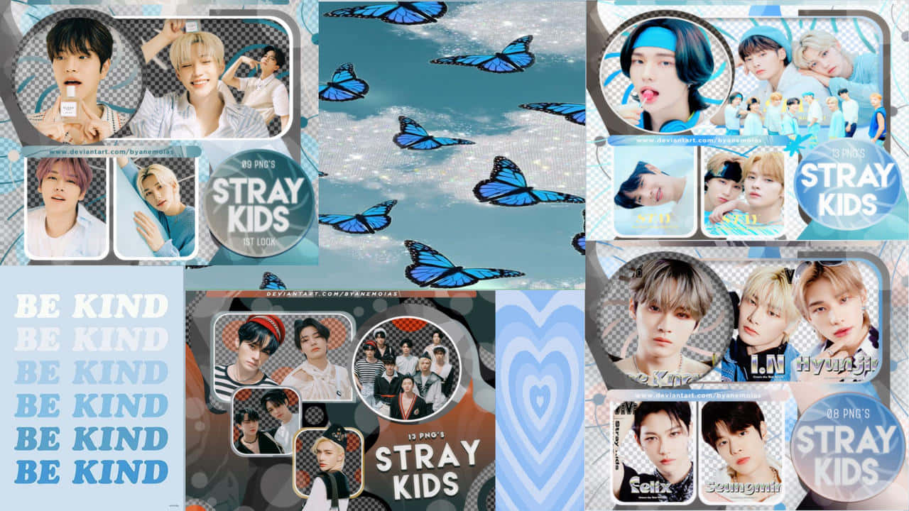 Stray Kids粉絲拼貼畫，配有藍色蝴蝶和「BE KIND」文字。 — Stray kids GIF 壁紙