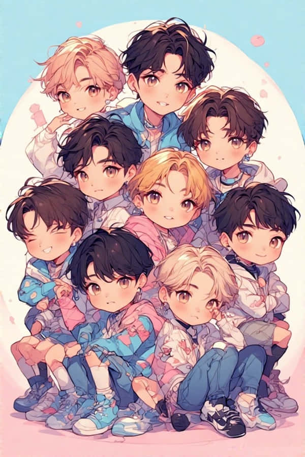 Stray Kids K-pop Q版壁紙 – 可愛動漫 壁紙 — 九個Q版動畫男孩，髮色和服裝各異，在柔和的粉彩背景前緊密地擺姿勢。