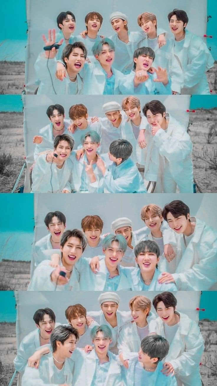 K-pop組合穿著藍色服裝在拼貼畫中愉快地擺姿勢。