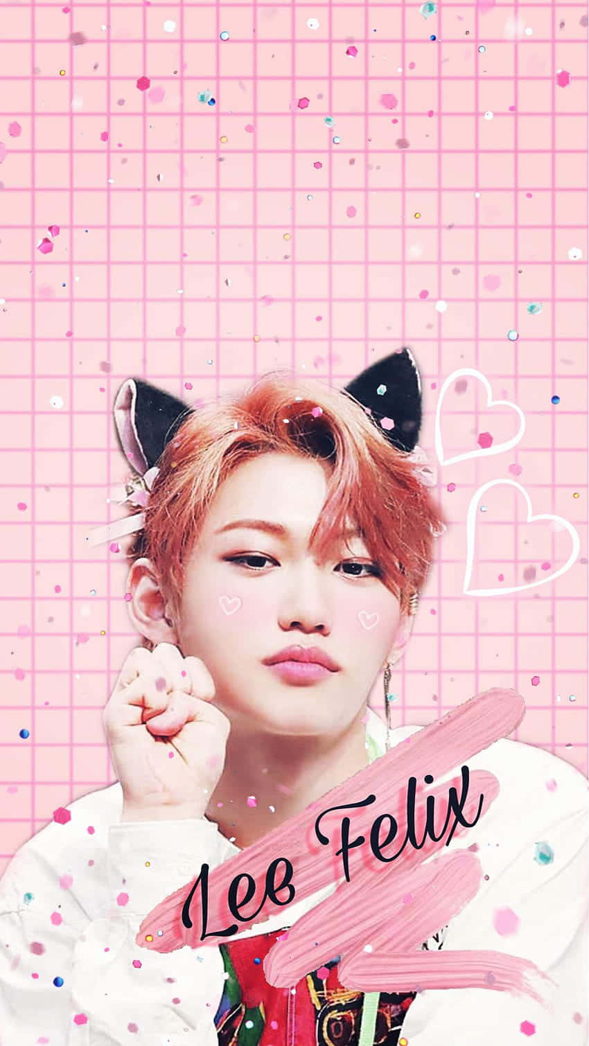 K-pop偶像Lee Felix，帶有貓耳朵和粉紅色心形，在網格背景上。