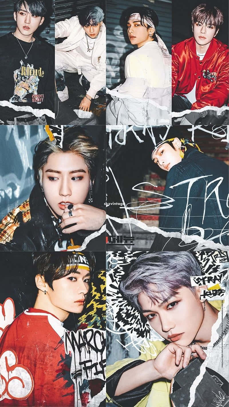 K-pop偶像街頭風格，帶有塗鴉和撕紙拼貼效果。