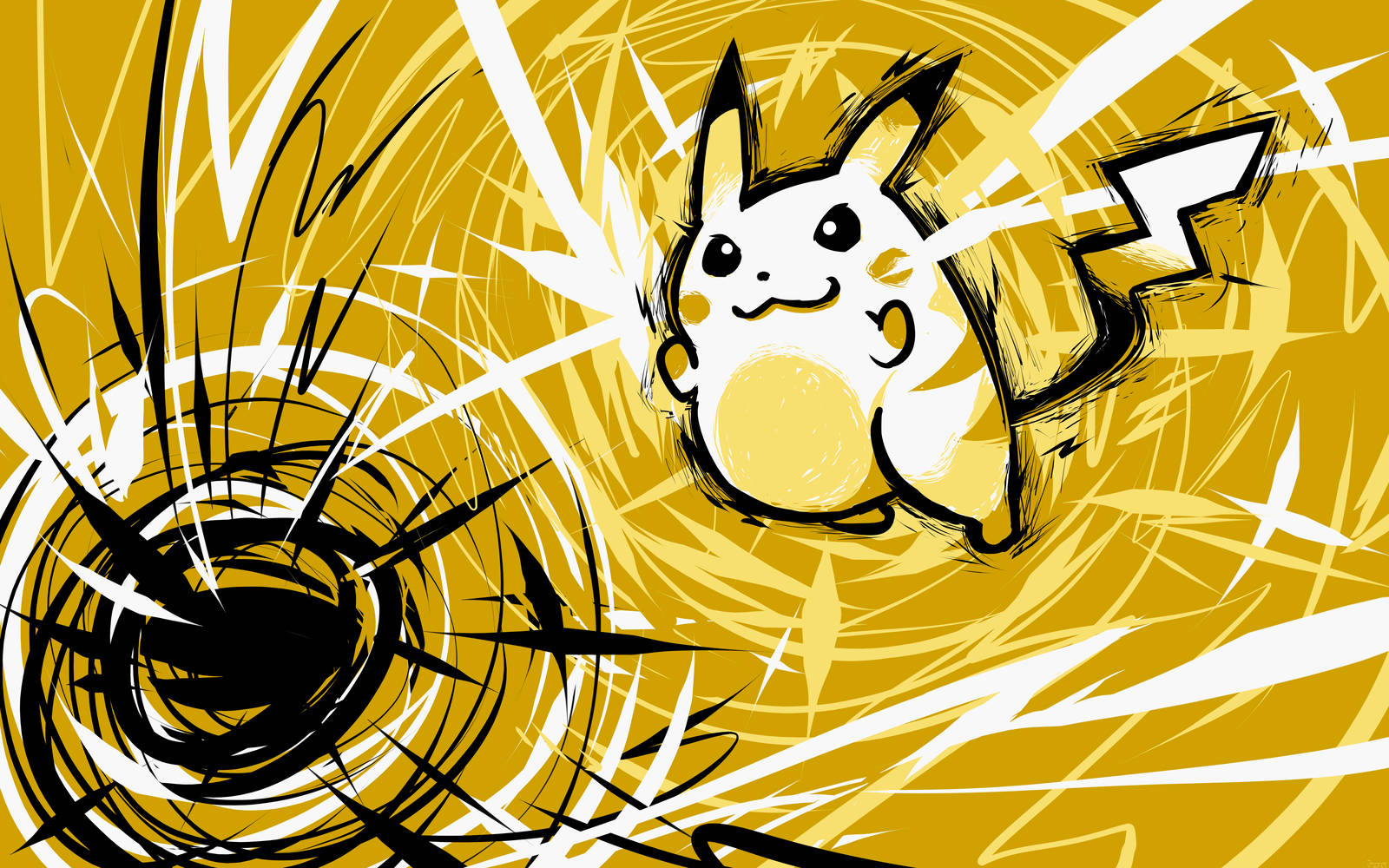 閃電 streaks 與可愛皮卡丘 壁紙 — 比卡超喺動感嘅黃黑素描風格插圖中爆發能量，周圍有運動線條。