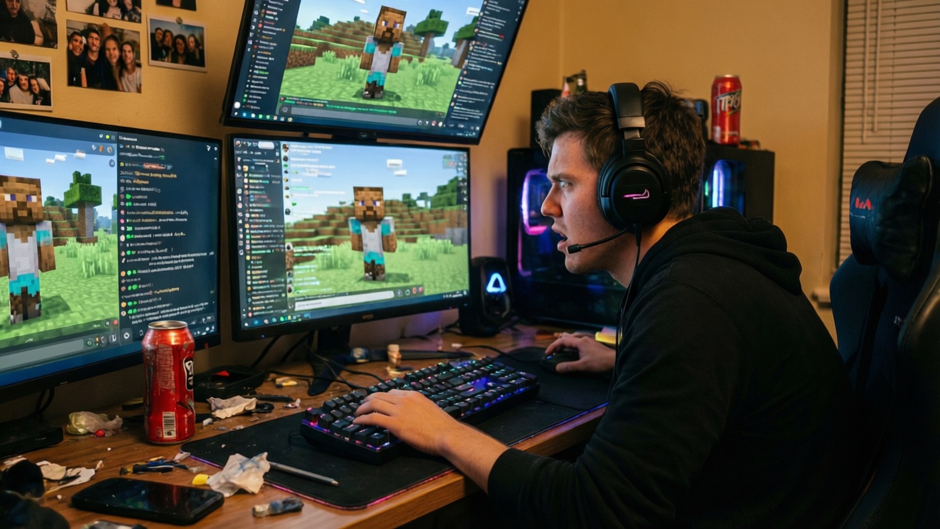 年輕人在三台顯示器上玩Minecraft，身處一個有汽水罐和霓虹燈的雜亂遊戲室。