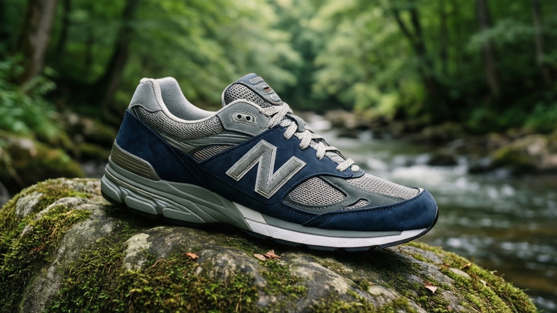 海軍藍色New Balance運動鞋在長滿苔蘚的石頭上，靠近森林溪流