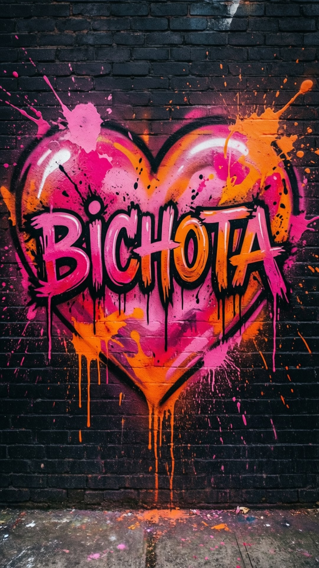 一個色彩繽紛的塗鴉心形，在深色磚牆上帶有「BICHOTA」字樣。