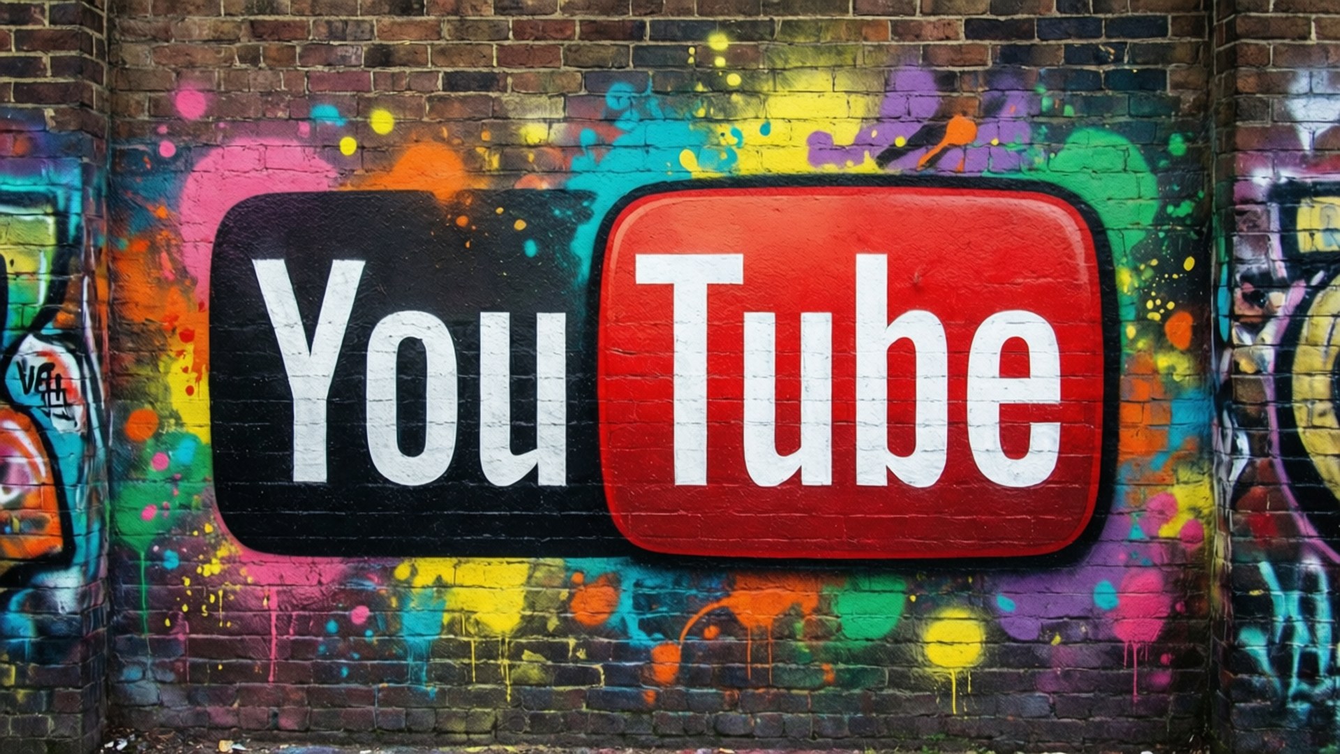 Street Art YouTube 壁紙 — 一個鮮豔的YouTube標誌以大膽的紅色和黑色配上白色文字繪製，在色彩繽紛的塗鴉磚牆上格外突出。