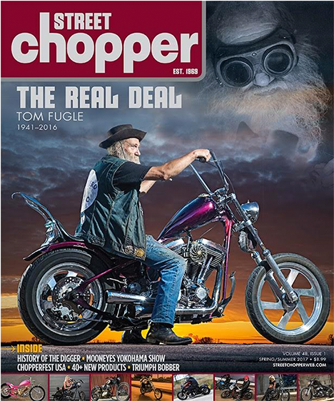Street Chopper 雜誌封面：The Real Deal 壁紙 — 一個留鬍鬚戴帽子的男人，在戲劇性的日落天空下騎著一輛紫色chopper電單車，上空浮現一個幽靈般的電單車手面孔。