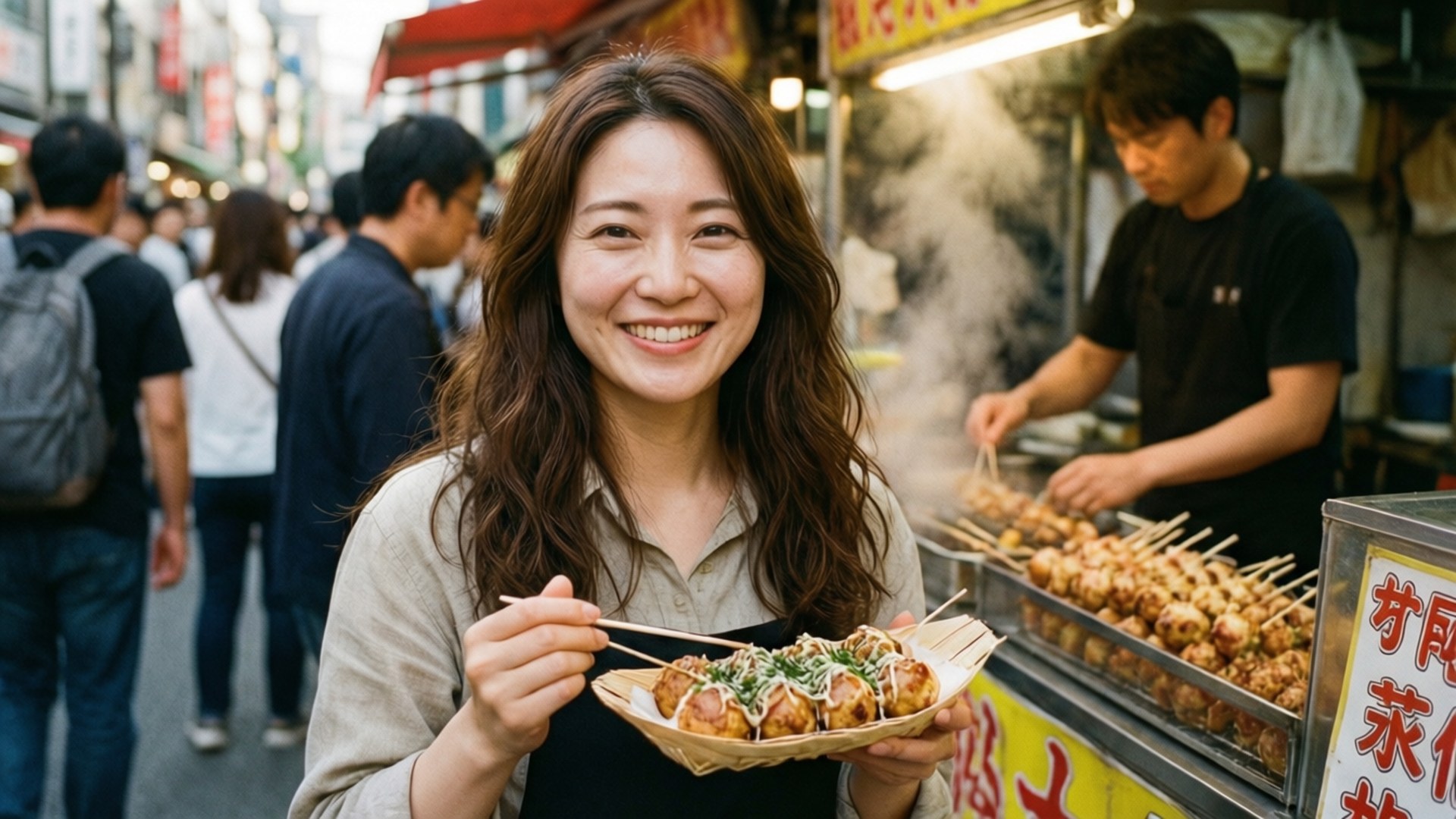 女子在繁忙的日本街頭美食攤位享用章魚燒