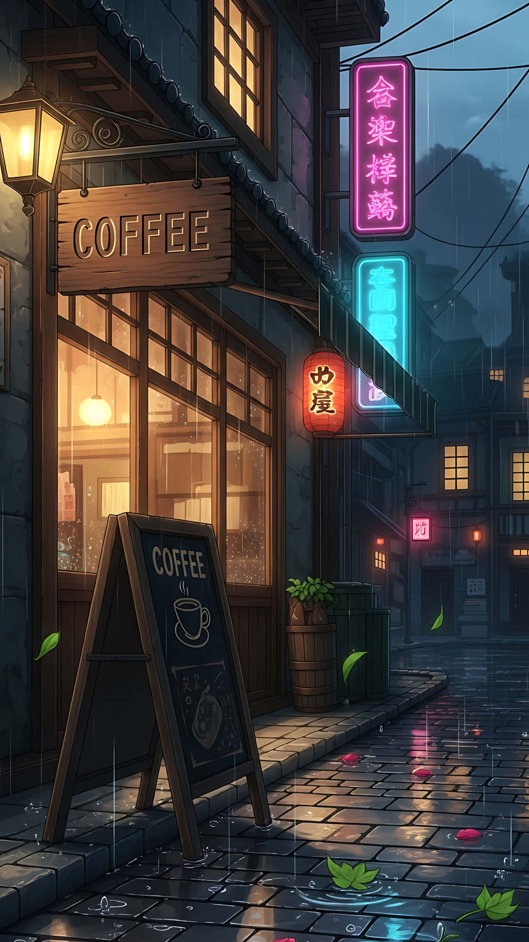 雨夜街道，咖啡店和發光霓虹燈招牌倒映在水坑中
