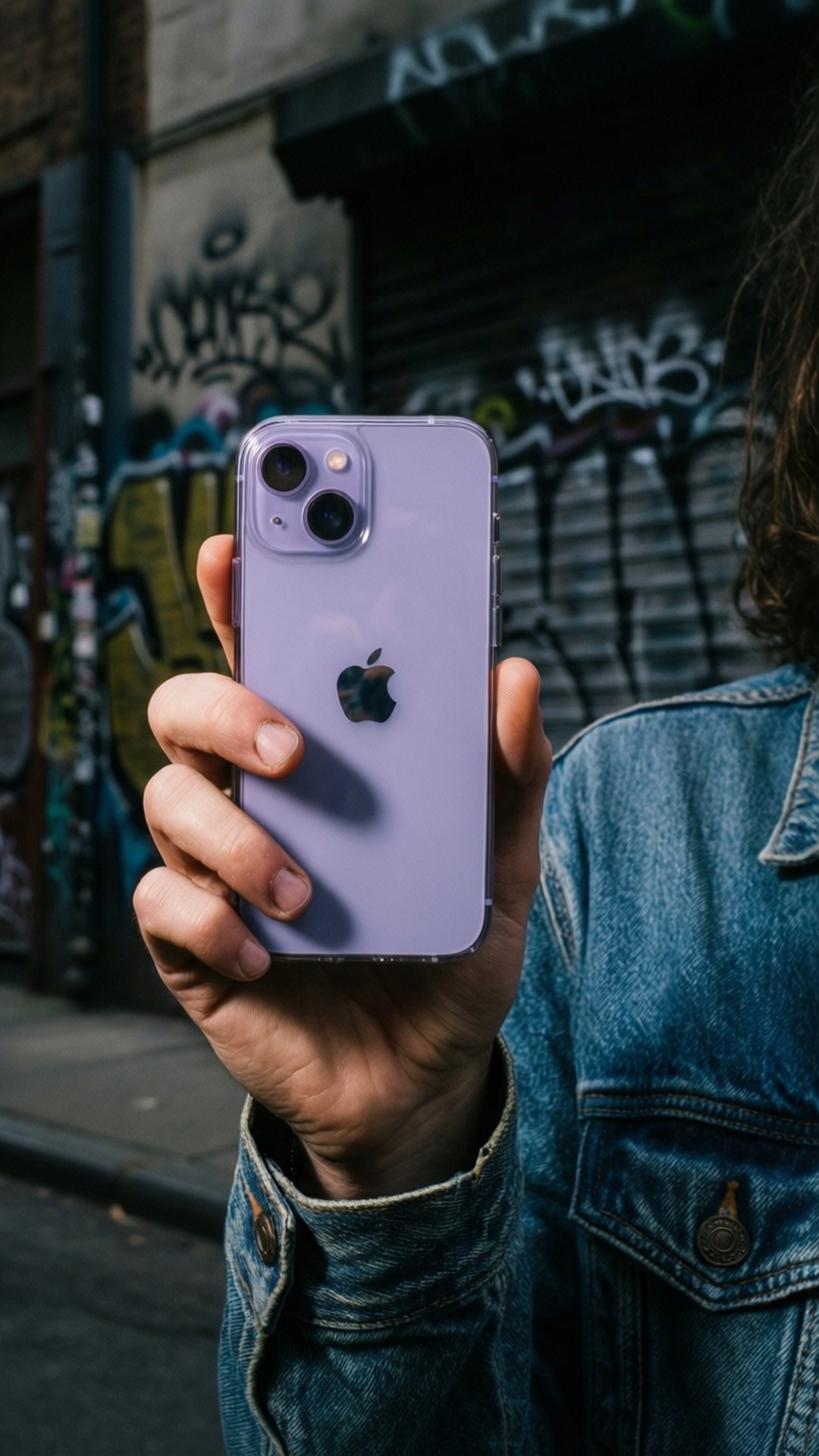 穿著牛仔外套的人拿著薰衣草色iPhone 13 Pro站在塗鴉牆前