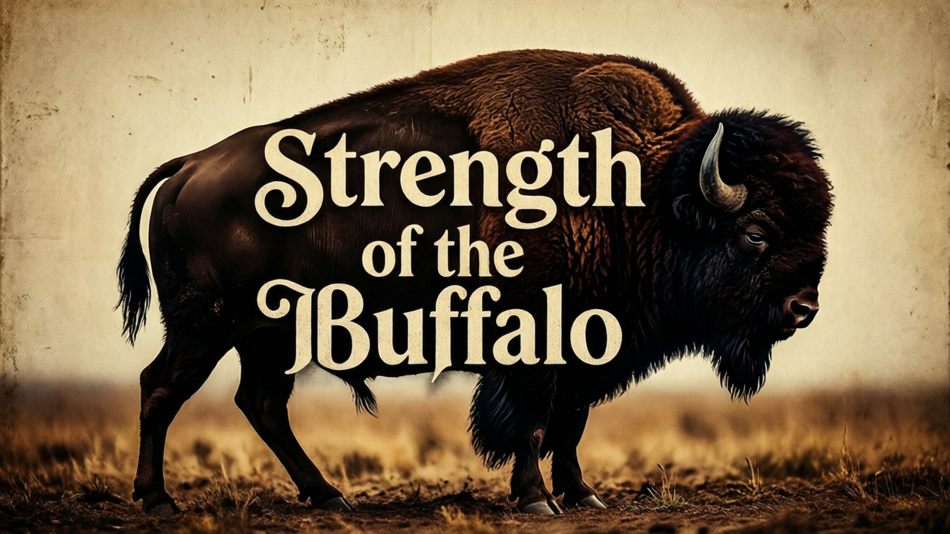 一頭野牛站在田野中，文字為 Strength of the Buffalo