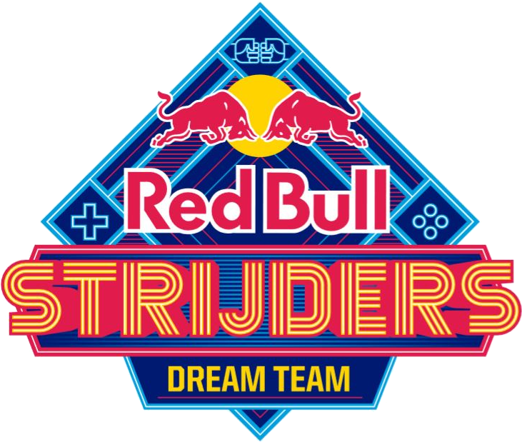 紅牛 Strijders Dream Team 標誌 壁紙 — Red Bull Striders Dream Team 的鮮豔霓虹標誌，帶有衝鋒的公牛和幾何圖案。