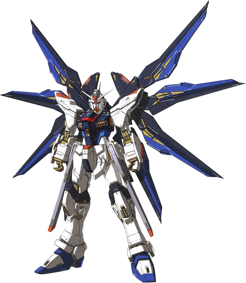 Strike Freedom Gundam 藝術圖 壁紙 — 一個詳細的動漫風格機動戰士，身穿藍、白、金色裝甲，站在條紋背景前。