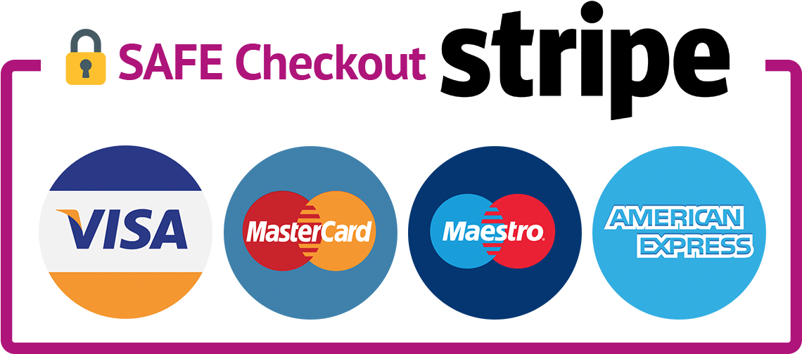 線上付款選項 安全結帳 Stripe 壁紙 — 一個安全結帳圖形，在黑色背景上顯示Visa、MasterCard、Maestro和American Express標誌，並帶有洋紅色邊框。