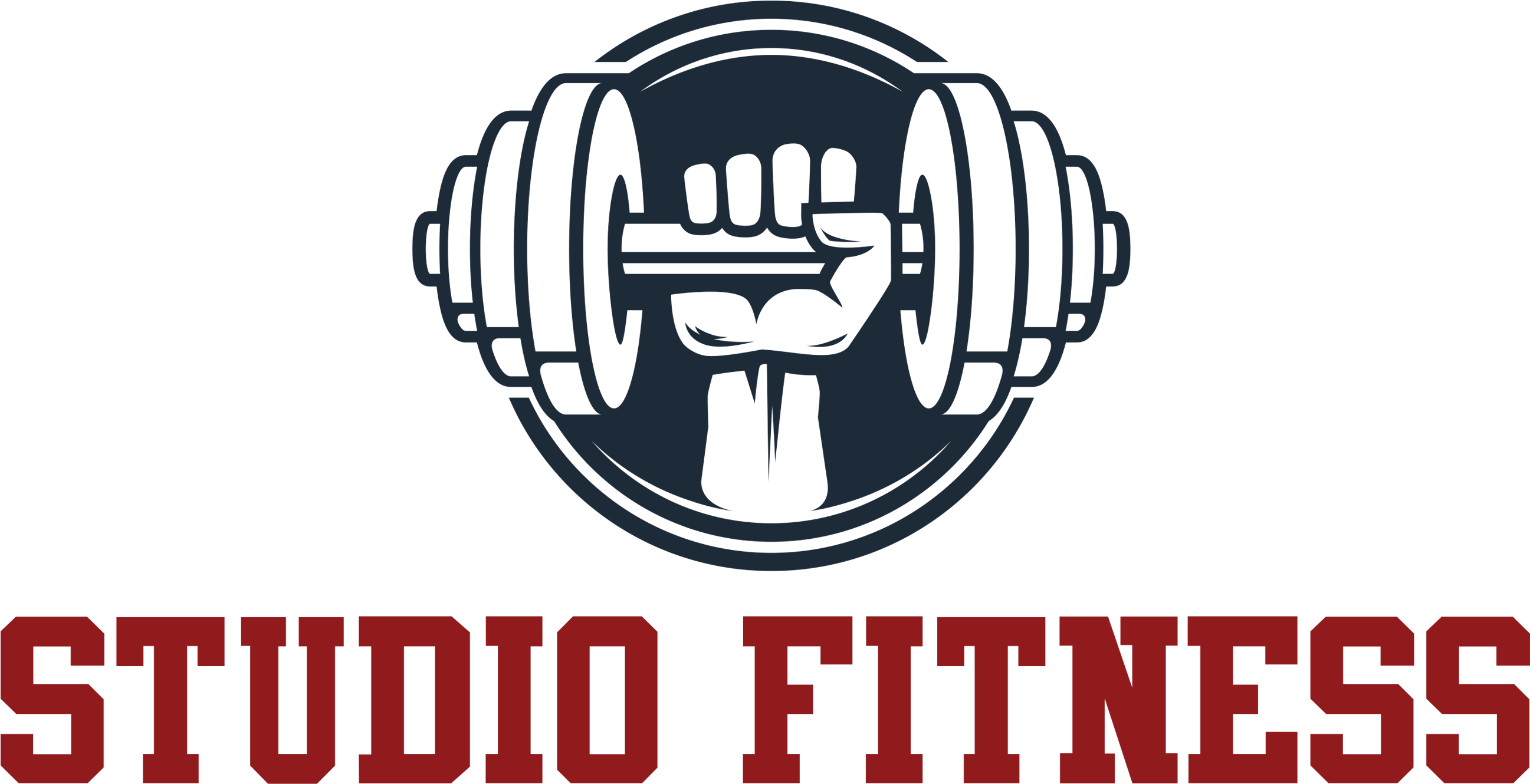 Studio Fitness 標誌設計 壁紙 — 一個大膽的標誌，圓圈中心有一隻緊握槓鈴的拳頭，下方有紅色「STUDIO FITNESS」文字。