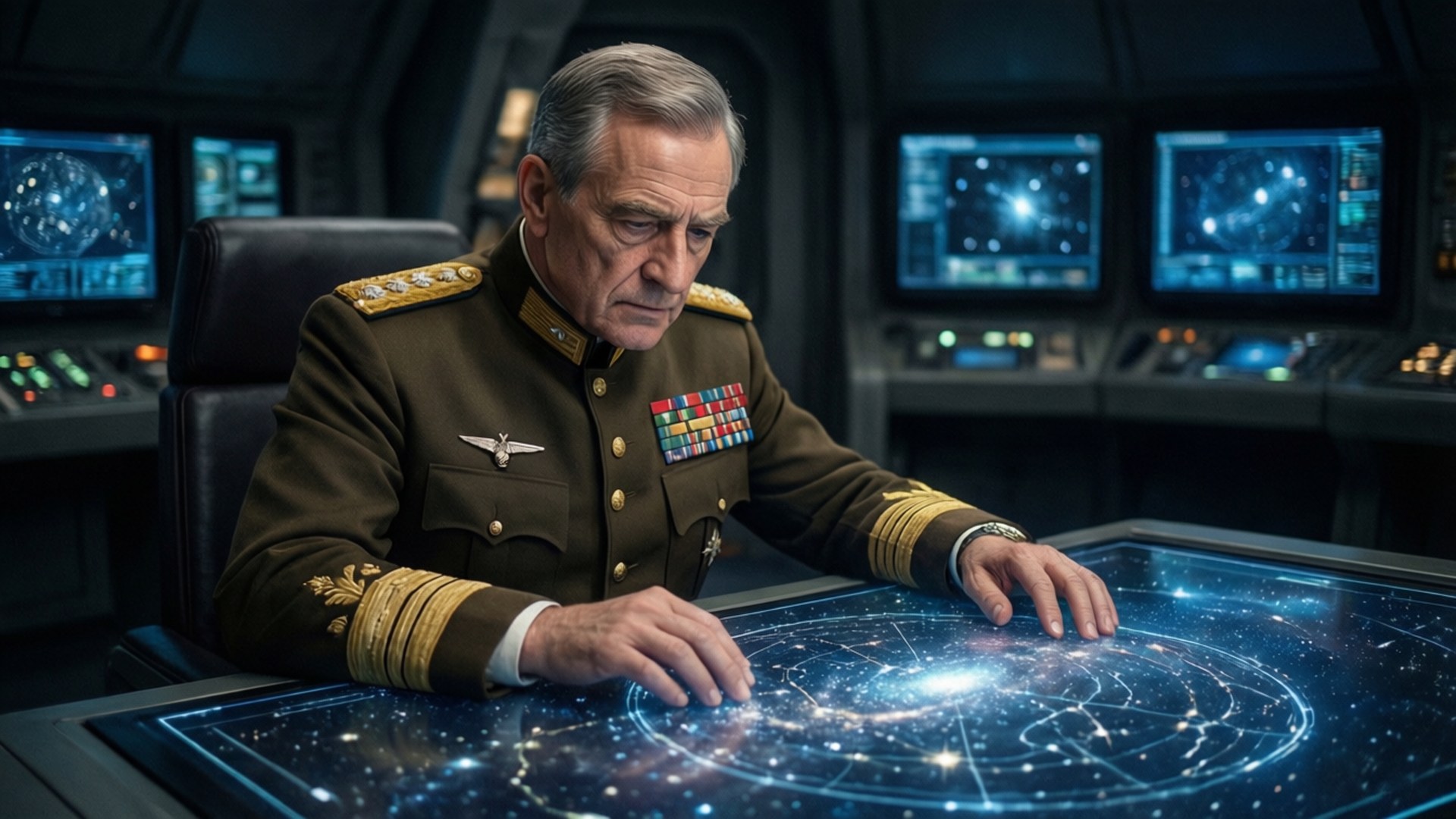 Military officer analyzing star map in futuristic command center. 壁紙
