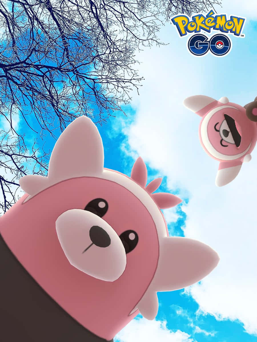 兩隻粉紅色嘅Pokémon喺有光禿禿樹枝嘅藍天漂浮。
