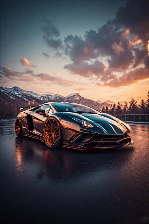黑色林寶堅尼Aventador配金色輪圈，濕滑路面，夕陽，雪山背景