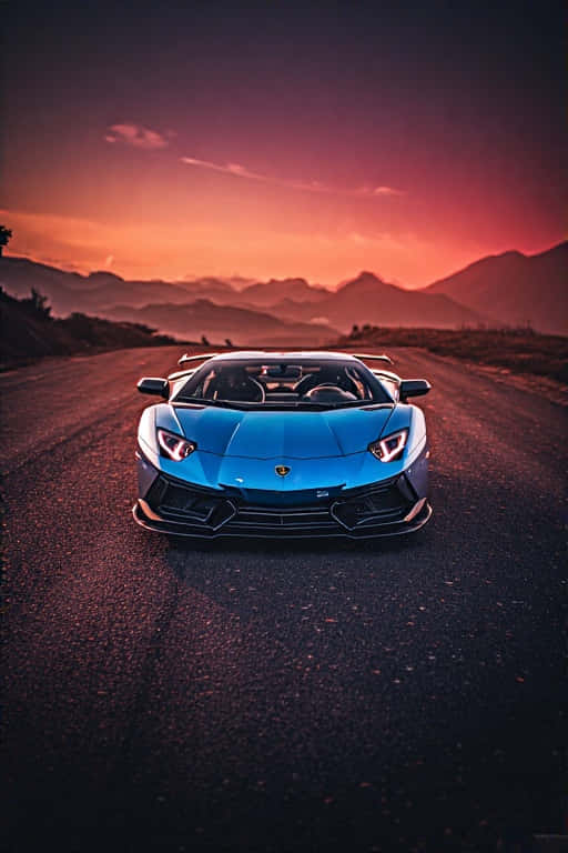 日落時分山路上的藍色林寶堅尼 Aventador SVJ Roadster