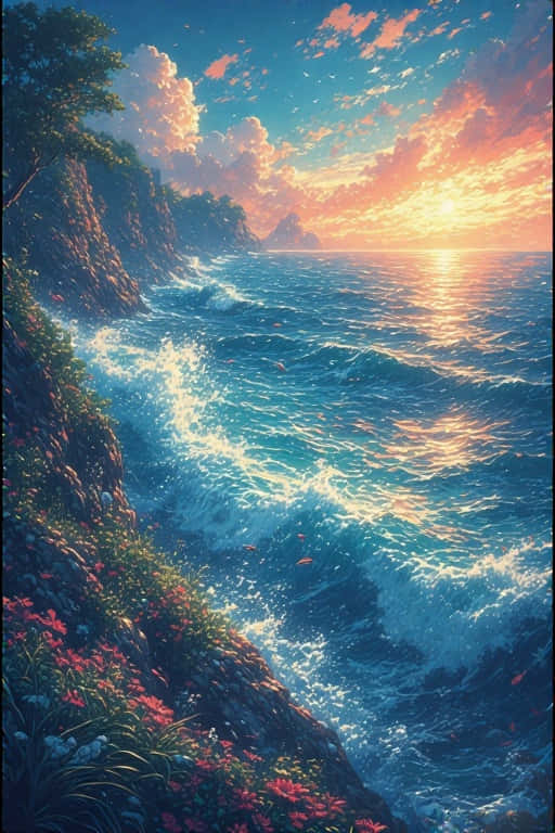 夕陽下的海洋，海浪拍打著覆蓋著粉紅色花朵和綠色植物的懸崖