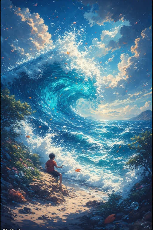 一個孩子在陽光明媚的海灘上看著巨大的海浪翻滾而來，上方有色彩繽紛的雲朵。