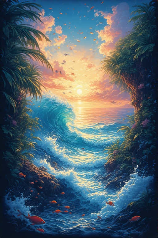 熱帶日落，海浪在棕櫚懸崖間衝擊，魚兒游動