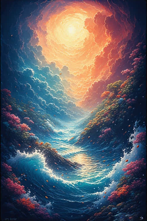 一個旋轉的漩渦，由藍色海洋波浪和雲朵匯聚到一個發光的橙色太陽。