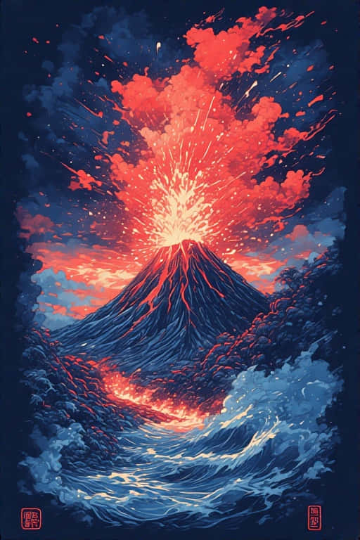 火山噴發紅色熔岩和火山灰，下方海浪拍打的戲劇性場景。
