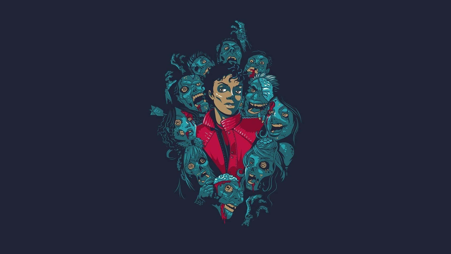  壁紙 — 一個風格化的插圖，描繪一名穿著紅色外套的男子，被類似殭屍的面孔包圍，背景為深藍色。