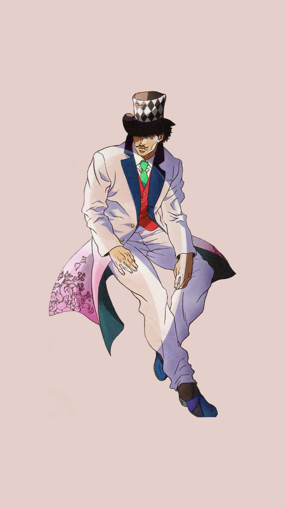  壁紙 — 一個時尚的動漫男子，身穿白色西裝和格仔高帽，自信地坐在柔和的粉紅色背景前。