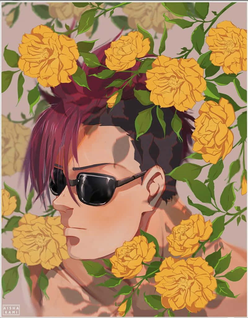  壁紙 — 一個時尚的動漫男子，紫色頭髮戴著太陽眼鏡，被鮮豔的黃玫瑰和綠葉環繞。