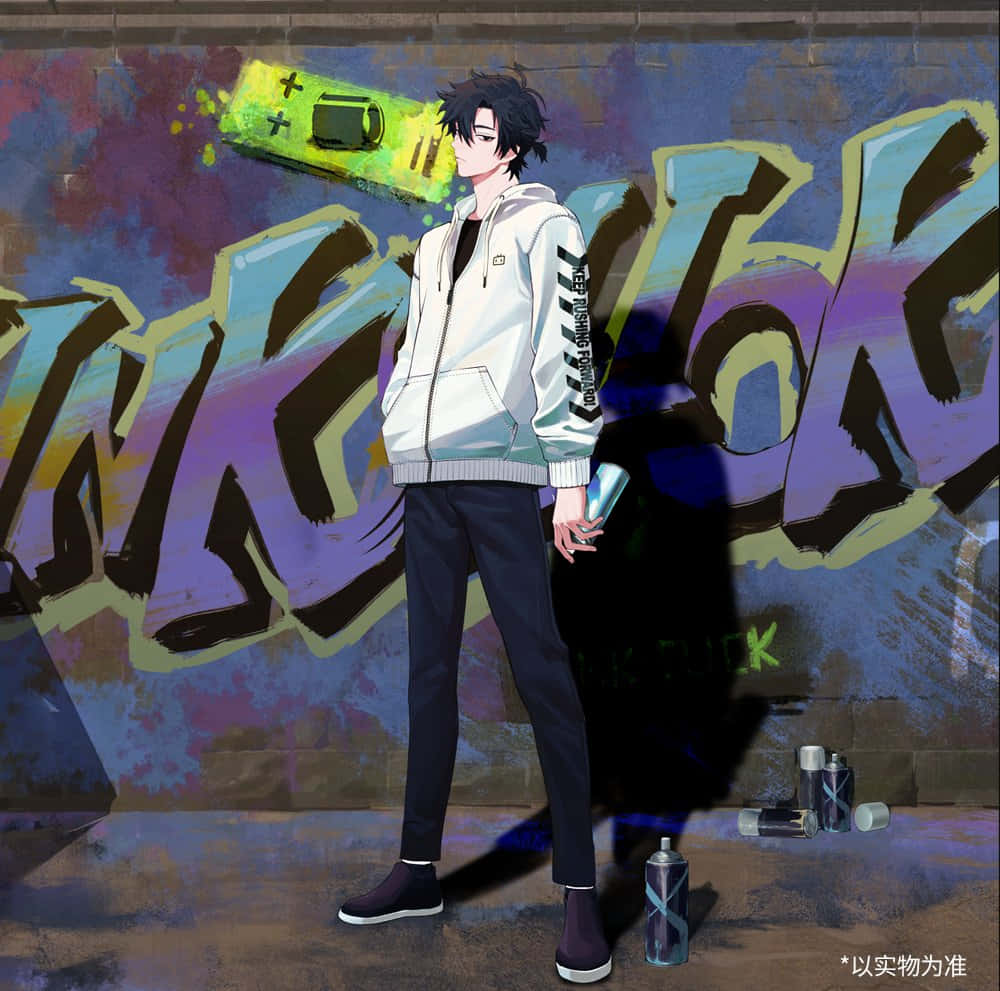  壁紙 — 一個時尚的動漫青少年站在充滿活力的塗鴉牆前，手持噴漆罐，呈現街頭藝術場景。