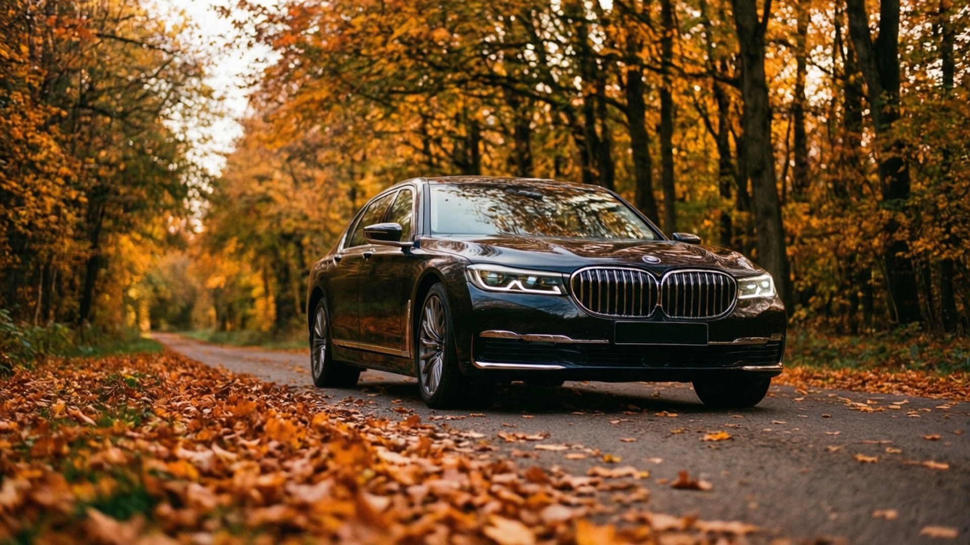 Bmw 7 Series 桌布 壁紙 — 一輛時尚的黑色寶馬轎車在溫暖的陽光下行駛在鋪滿金色秋葉的林間道路上。
