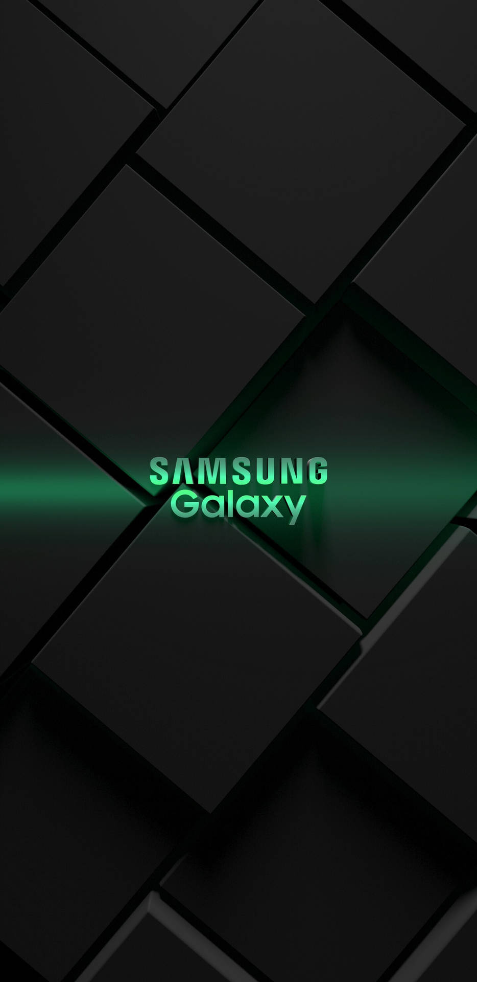 在黑色幾何背景上發光的綠色Samsung Galaxy標誌。 — 三星 壁紙