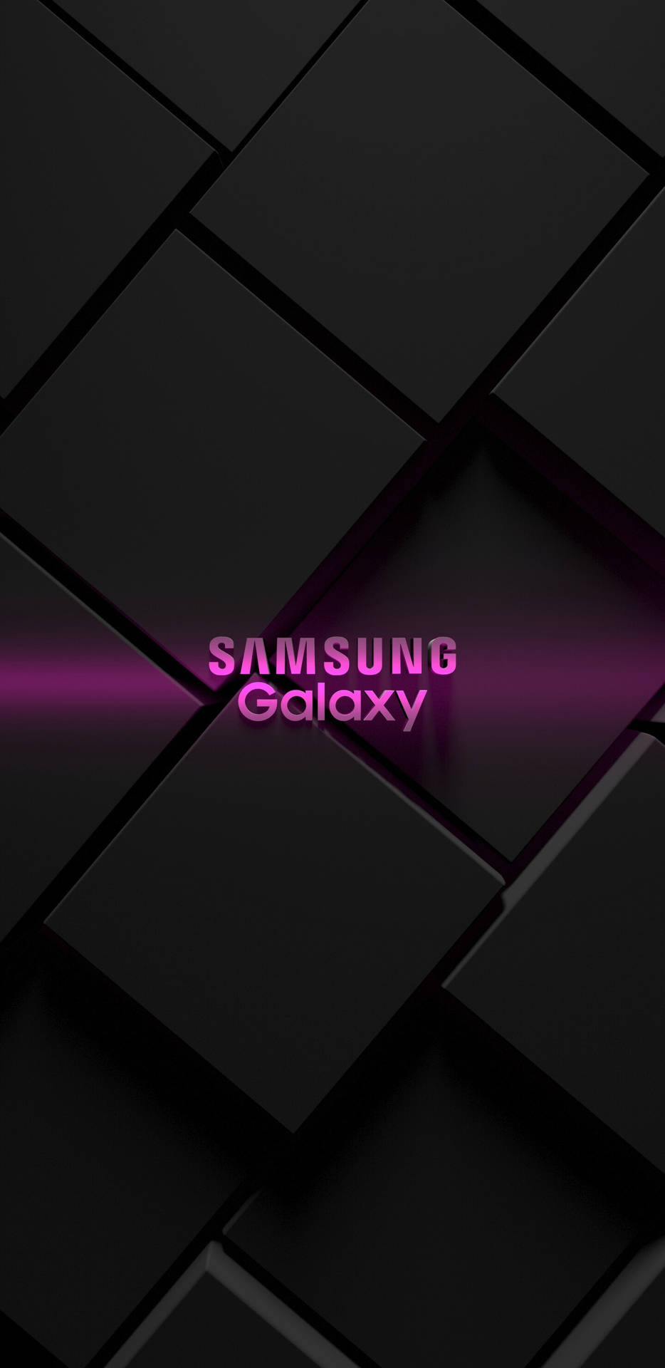 發光粉紅色Samsung Galaxy文字在黑色幾何立方體背景上。