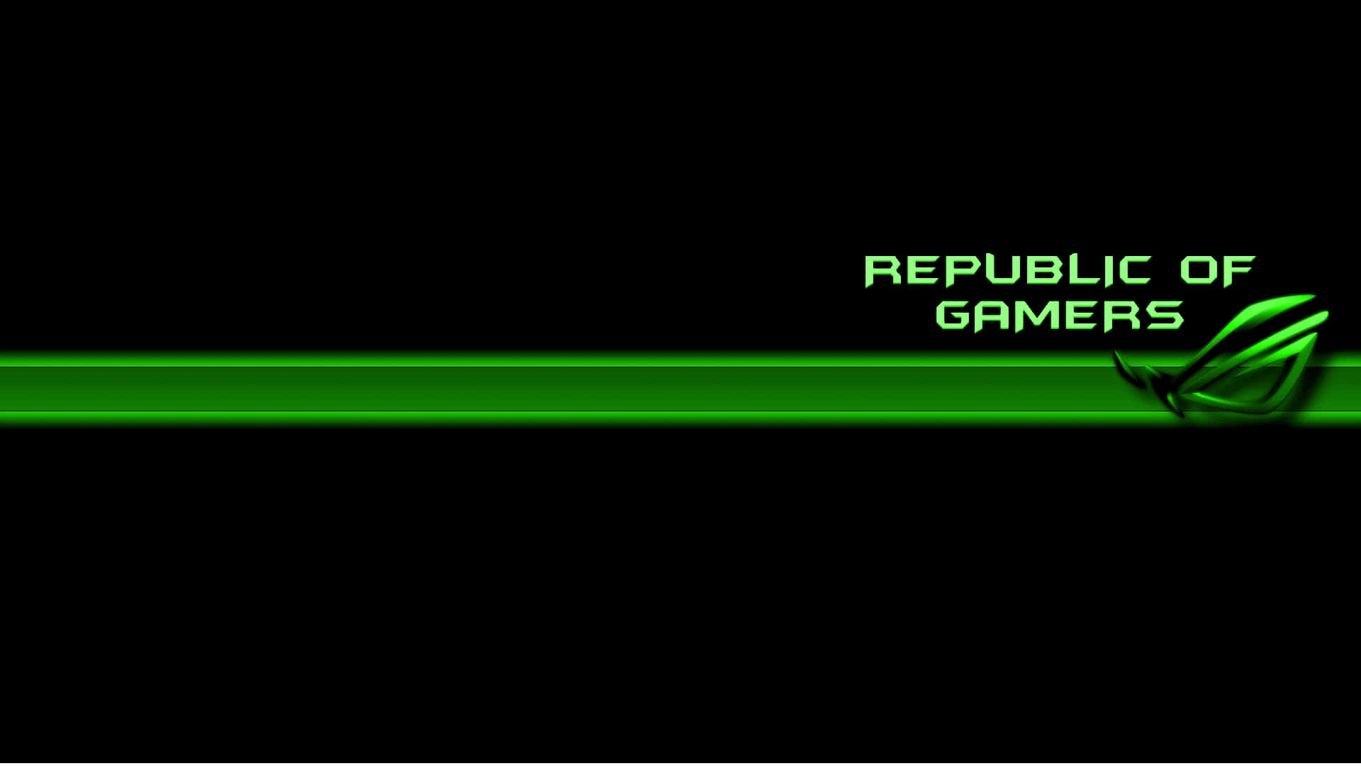  壁紙 — 時尚黑色牆紙，帶有發光綠色水平條紋和霓虹綠色的「Republic of Gamers」標誌。
