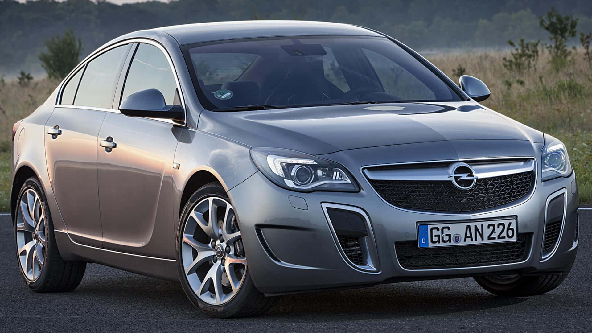 Opel Insignia 桌布 壁紙 — 一輛時尚的銀色歐寶Insignia轎車停在瀝青路上，背景是長滿草的山丘。