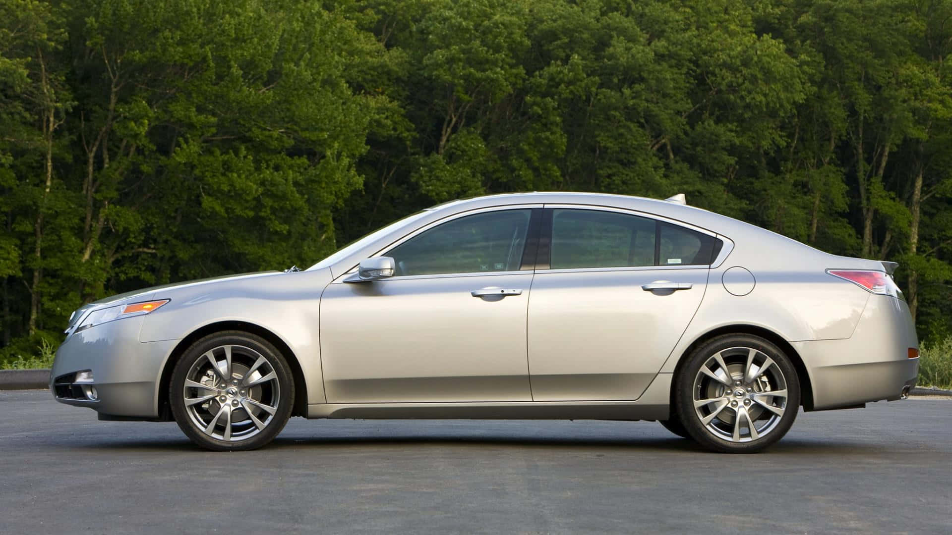 Acura Tsx 桌布 壁紙 — 一輛時尚的銀色轎車停在瀝青路上，背景是茂密的綠樹。