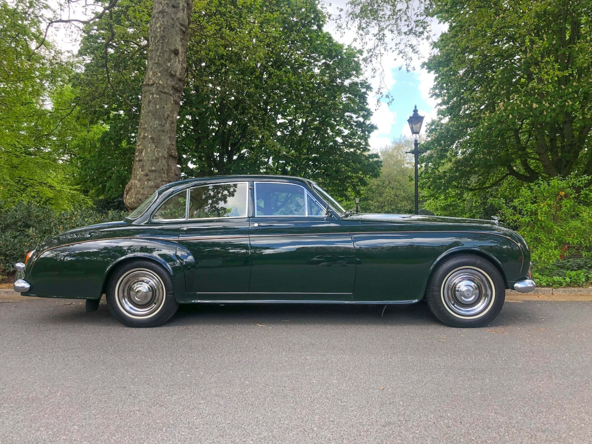 Bentley S2 桌布 壁紙 — 一輛時尚的復古綠色轎車停泊在樹蔭街道上，天空晴朗。