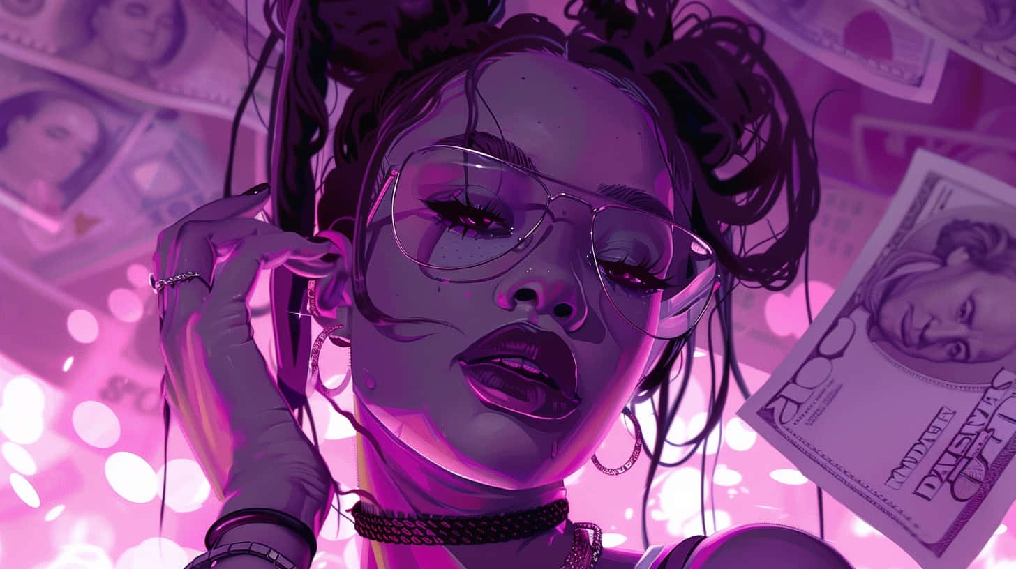  壁紙 — 一位戴眼鏡、辮子頭髮的時尚女性，在紫色燈光下被飄浮的美元鈔票包圍。