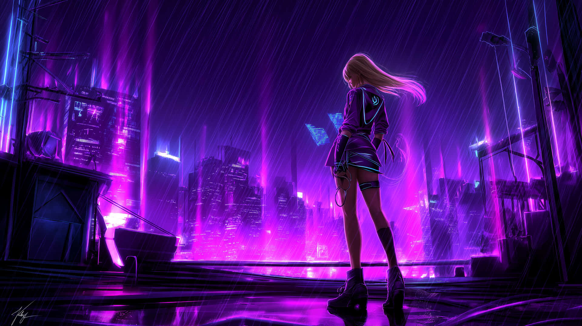 Stylish Woman on Rooftop Amidst Blazing Cyberpunk Cityscape 壁紙 — 一個孤獨的金髮女人穿著未來主義服裝，站在濕漉漉的屋頂上，俯瞰著被霓虹紫色雨水浸透的賽博龐克城市景觀。