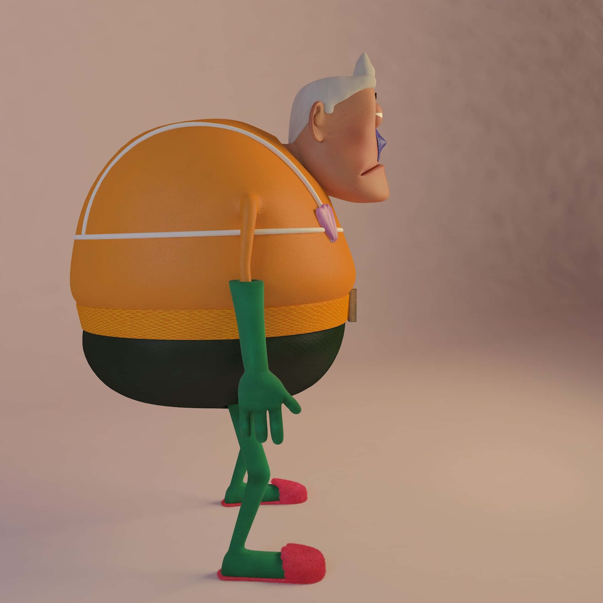  壁紙 — 一個風格化的3D渲染卡通角色，擁有圓形橙色軀幹、綠色四肢和白色頭髮，側面站立在柔和的米色背景上。