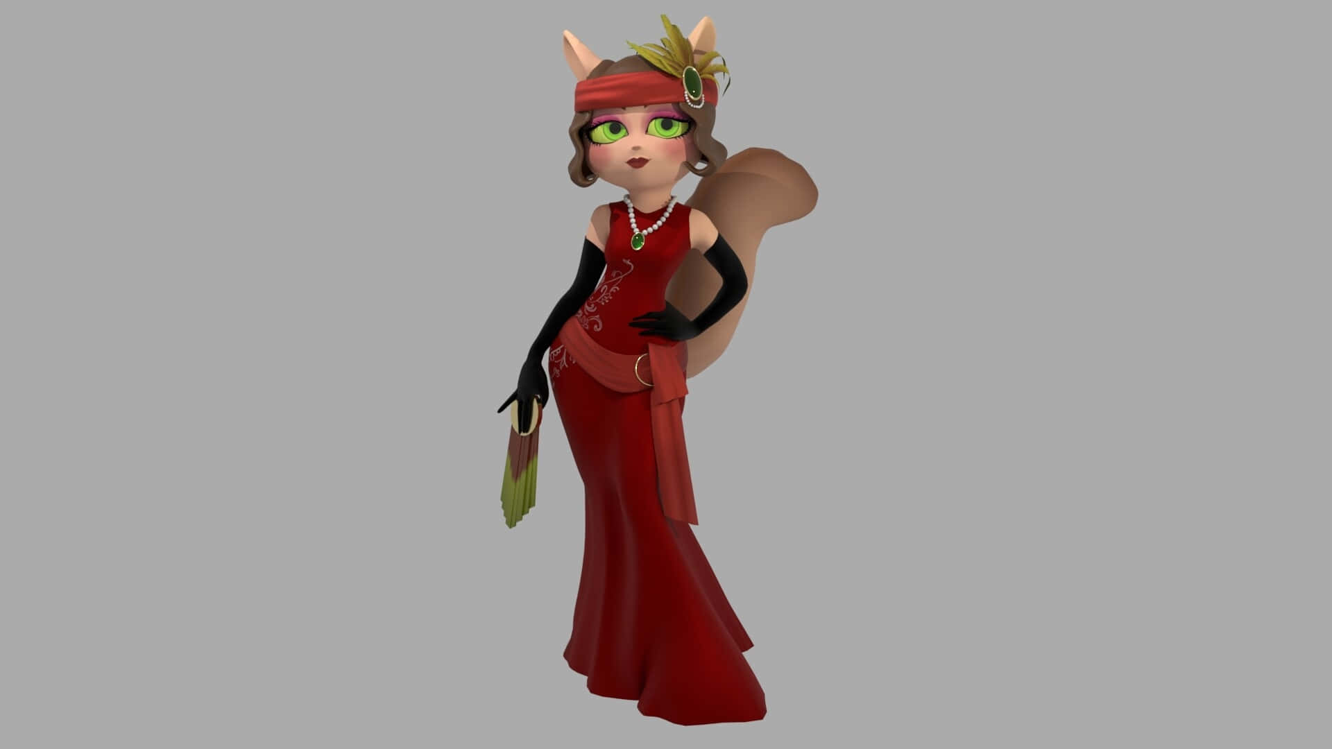  壁紙 — 一個風格化的3D渲染狐狸女郎，穿著紅色flapper裙，在純灰色背景前自信地擺姿勢。